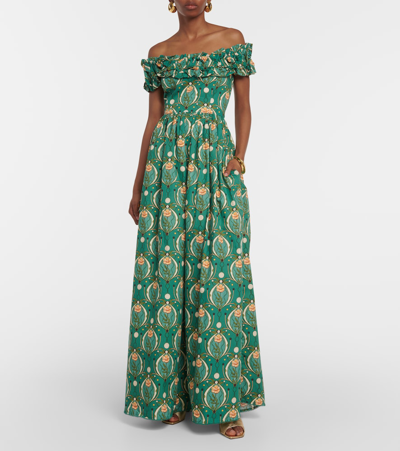 Agua By Agua Bendita Espliego Lunar Off-the-shoulder Printed Cotton-poplin Maxi Dress In Multicoloured