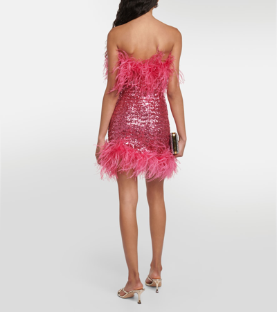 Shop Oseree Feather-trimmed Sequined Minidress In Pink