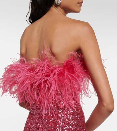 Oseree Feather-trimmed Sequined Minidress In Pink