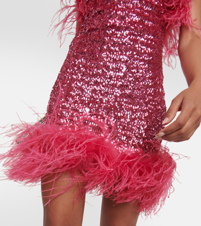 Shop Oseree Feather-trimmed Sequined Minidress In Pink