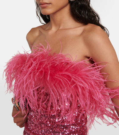 Shop Oseree Feather-trimmed Sequined Minidress In Pink