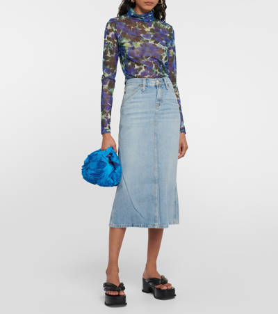Shop Re/done Low Rider Denim Midi Skirt In Blue