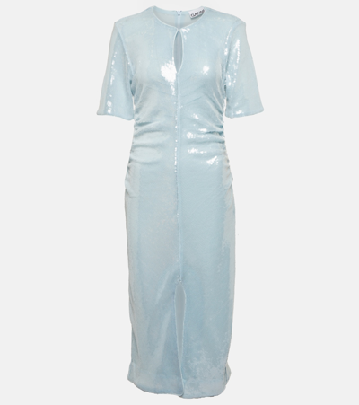 Shop Ganni Sequined Midi Dress In Blue