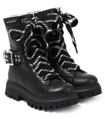 Monnalisa Embellished Leather Boots In Black