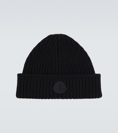 Shop Moncler Logo Ribbed-knit Wool Beanie In Black