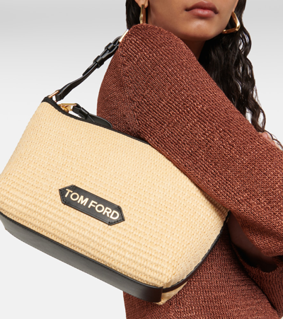 Shop Tom Ford Label Mini Raffia-effect Shoulder Bag In Beige