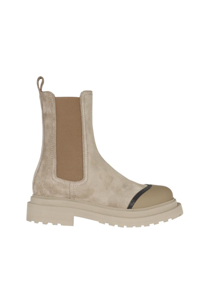 Shop Brunello Cucinelli Chelsea Boots In Suede And Calfskin With Jewellery In Beige