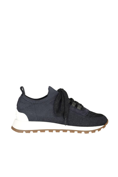 Shop Brunello Cucinelli Sparkling Cotton Knit Runners With Shiny Eyelets In Blue