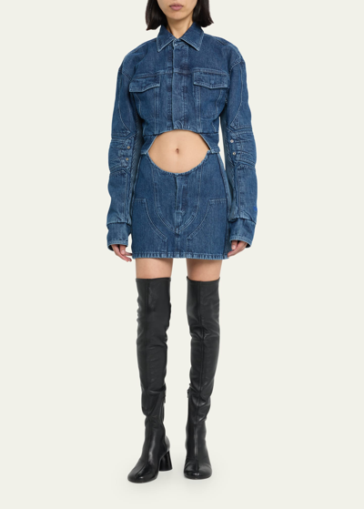 Shop Off-white Denim Motorcycle Mini Skirt With Hole Cutout In Blue No Color