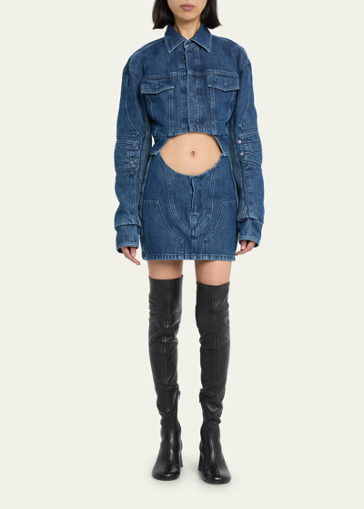 Shop Off-white Cropped Denim Moto Jacket With Front Cutout In Blue No Color