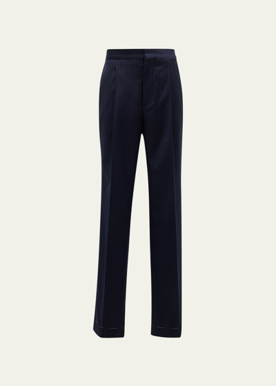 Shop Brunello Cucinelli Men's Pinstripe Pleated Trousers In Navy