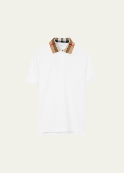 Shop Burberry Men's Pique Polo Shirt With Check Collar In White