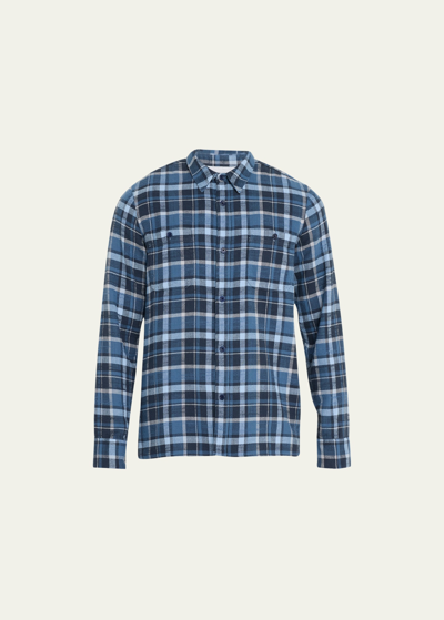Shop Officine Generale Men's Ahmad Plaid Flannel Sport Shirt In Strmblu/fadeblu/b