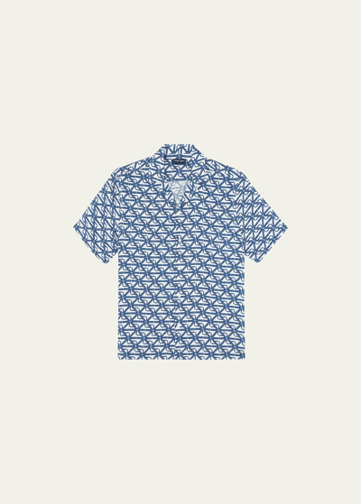 Shop Frescobol Carioca Men's Fc Monogram Deco Silk Camp Shirt In White/ocean Blue