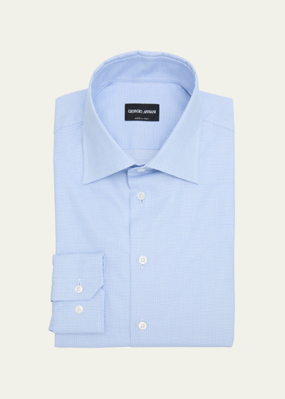 Shop Giorgio Armani Men's Micro-print Cotton Dress Shirt In Solid Medium Blue