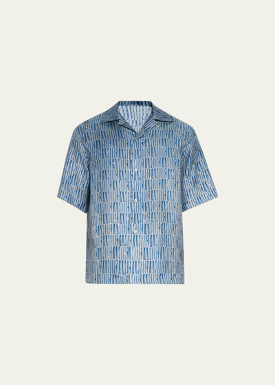 Shop Amiri Men's Gradient Repeat-logo Bowling Shirt In Blue