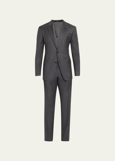 Shop Giorgio Armani Men's Plaid Super 150s Wool Suit In Solid Dark Grey