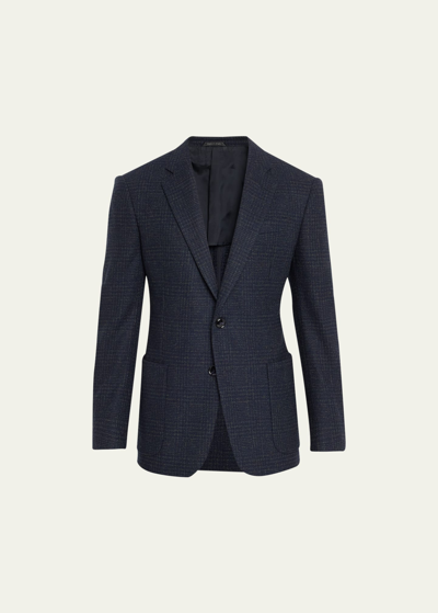 Shop Giorgio Armani Men's Boucle Plaid Sport Coat In Solid Dark Blue