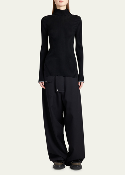 Shop Plan C Ribbed Slim Wool Sweater In Black Grey