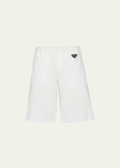Shop Prada Men's Terry Shorts With Triangle Logo In Bianco