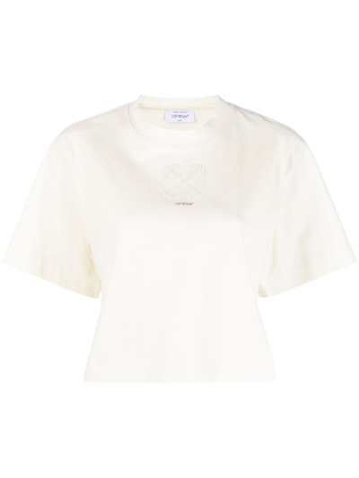 Shop Off-white Arrows-motif Embellished Cropped T-shirt In Neutrals