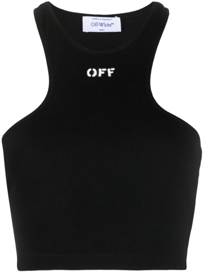 Shop Off-white Logo-print Ribbed-knit Racerback Top In Black