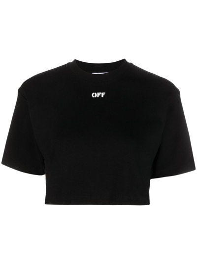 Shop Off-white Logo-print Cropped Cotton T-shirt In Black