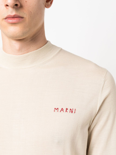 Shop Marni Embroidered-logo Virgin-wool Jumper In Neutrals