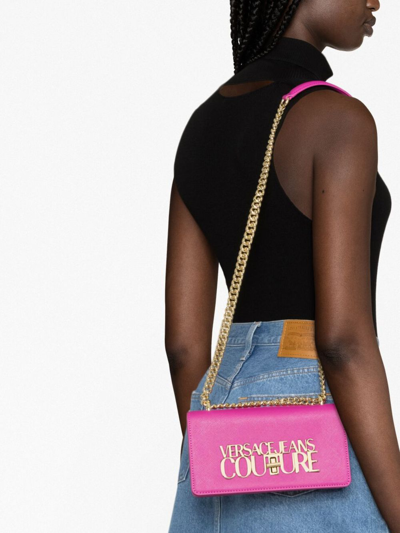 Shop Versace Jeans Couture Logo-lettering Chain-link Shoulder Bag In Pink