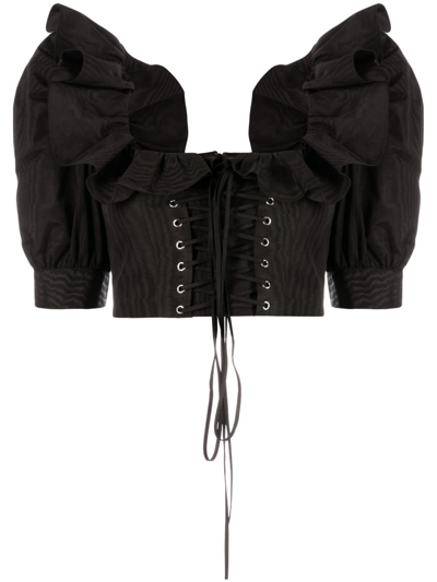 Shop Alessandra Rich Ruffle-collar Corset-style Blouse In Black