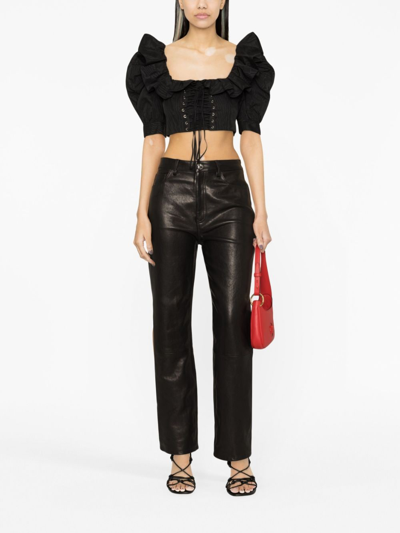 Alessandra Rich Lace-up Ruffle-trimmed Cropped Top In Black