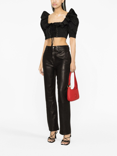 Alessandra Rich Lace-up Ruffle-trimmed Cropped Top In Black