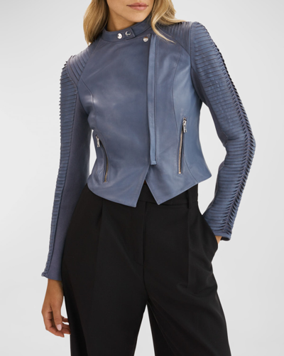 Shop Lamarque Azra Leather Moto Jacket In Smoked Blue