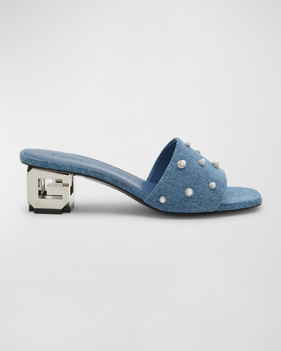 Shop Givenchy Pearly Denim G Cube-heel Mule Sandals In 420-medium Blue