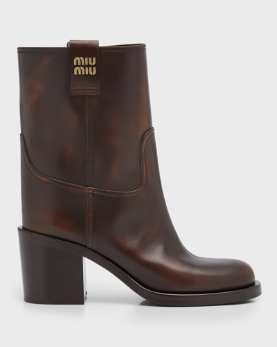 Shop Miu Miu Calfskin Block-heel Moto Booties In Bruciato