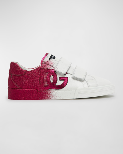 Shop Dolce & Gabbana Kid's Maiolica Glitter Logo-print Sneakers, Toddlers/kids In White/fuch