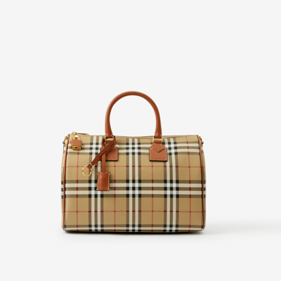 Shop Burberry Medium Check Bowling Bag In Archive Beige/briar Brown
