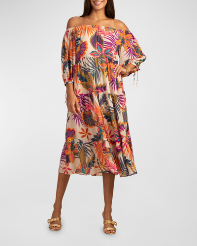 Shop Trina Turk Cattleya Off-shoulder Botanical-print Dress In Multi