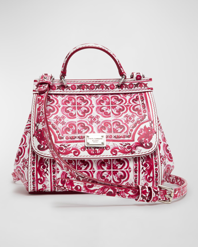 Shop Dolce & Gabbana Girl's Sicily Mini Leather Satchel Bag In Azulejos P
