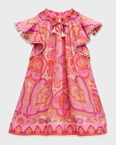 Shop Zimmermann Girl's Halcyon Flounce Sleeve Paisley-print Dress In Pink/purple Paisl