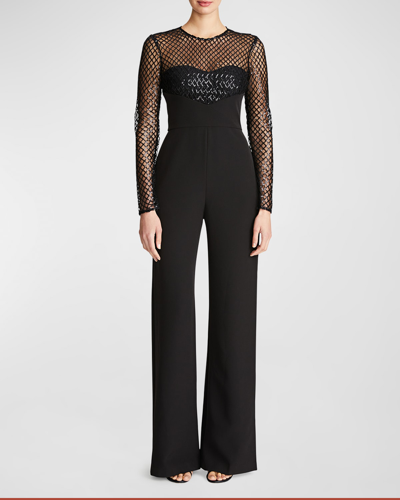 Shop Halston Jac Straight-leg Sequin Net Jumpsuit In Black