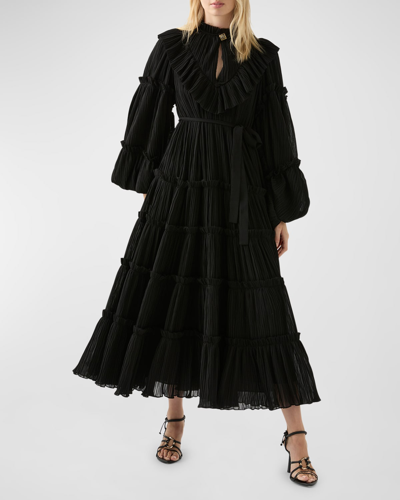 Shop Aje Robyn Tiered Balloon-sleeve Belted Midi Dress In Black