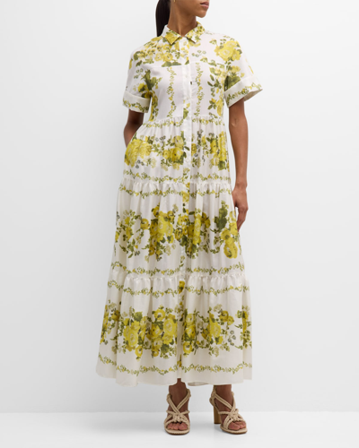 Shop Erdem Floral-print Tiered Maxi Shirtdress In Soft Blossom Yell