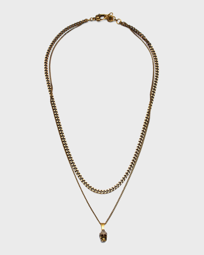 Shop Alexander Mcqueen Skull Pave Double Chain Necklace In Pop Yellow