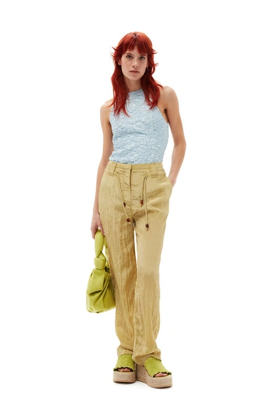 Ganni Shiny Straight Leg Pants In Leek Green