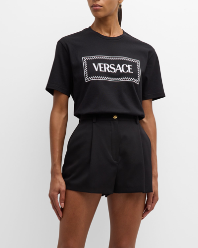 Shop Versace Logo Embroidered Jersey T-shirt In Black White