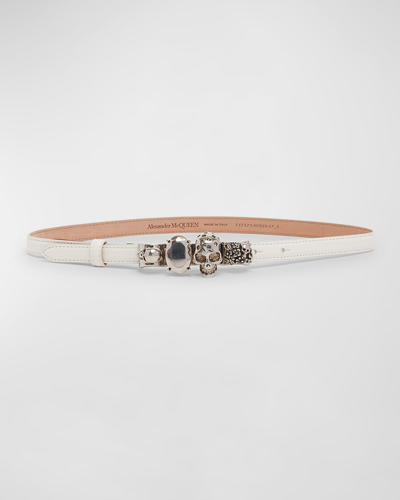 Shop Alexander Mcqueen The Knuckle Leather Skinny Belt In Soft Ivory