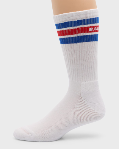 Shop Balenciaga Men's Stripe Logo Crew Socks In 9069 White/light