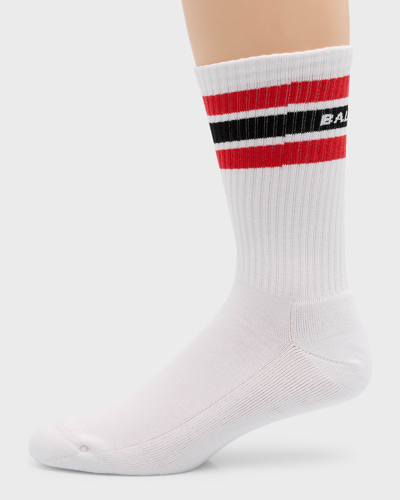Shop Balenciaga Men's Stripe Logo Crew Socks In 9074 White/black/