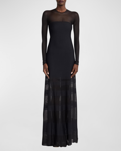 Shop Ralph Lauren Long-sleeve Sheer Striped Illusion Gown In Black